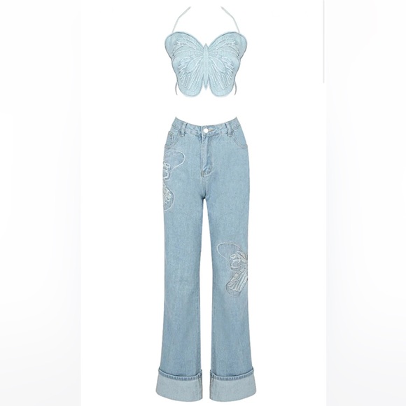 Blue denim butterfly top and butterfly jeans set Size Medium - Picture 1 of 3